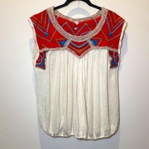 Freepeople Red Embroidered Red Southwestern Top